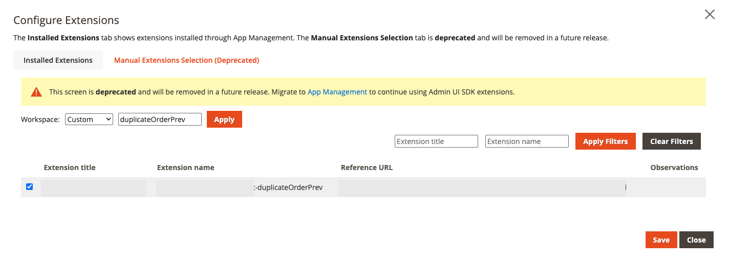 Admin UI SDK eligible extensions configuration