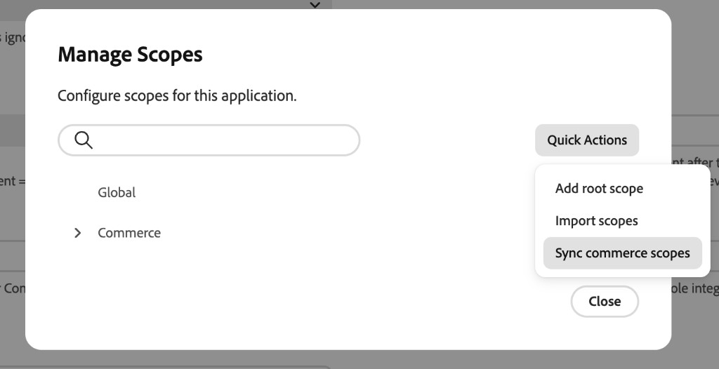Manage Scopes Quick actions menu with Sync commerce scopes