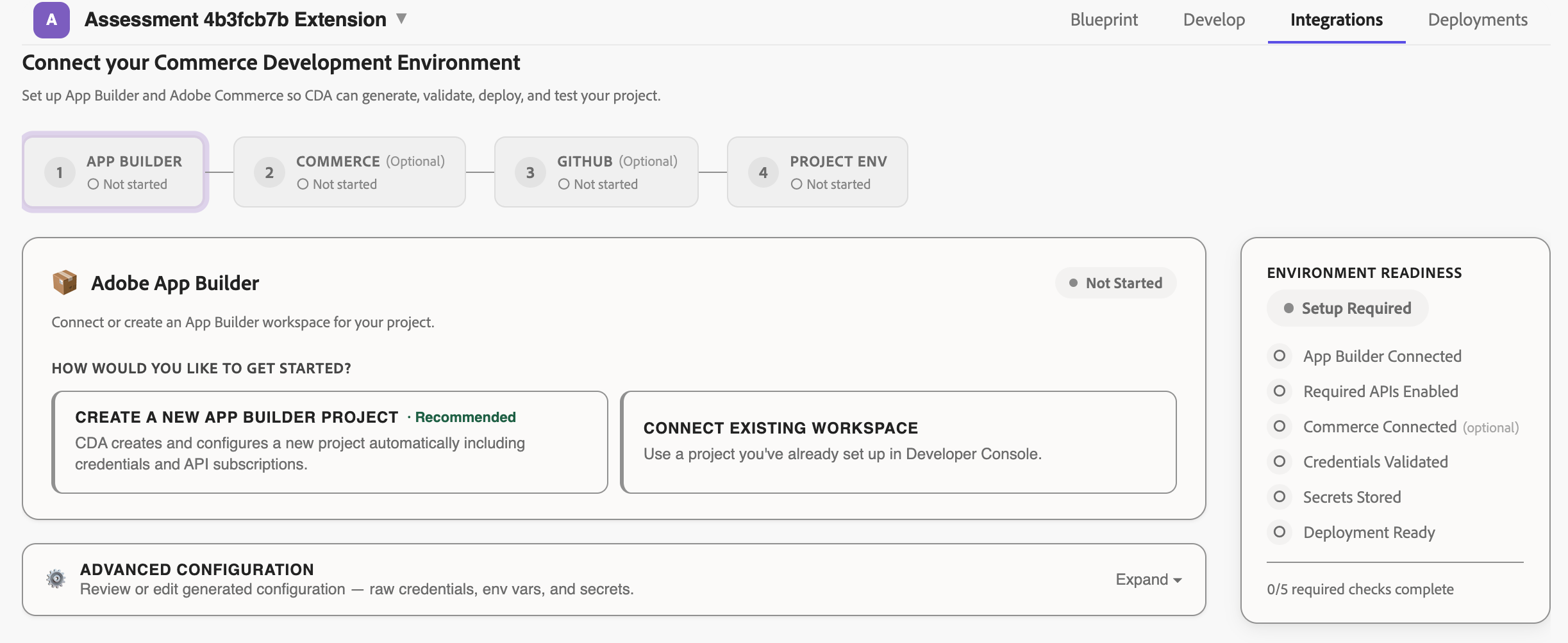 Integrations tab in the Commerce Developer Agent