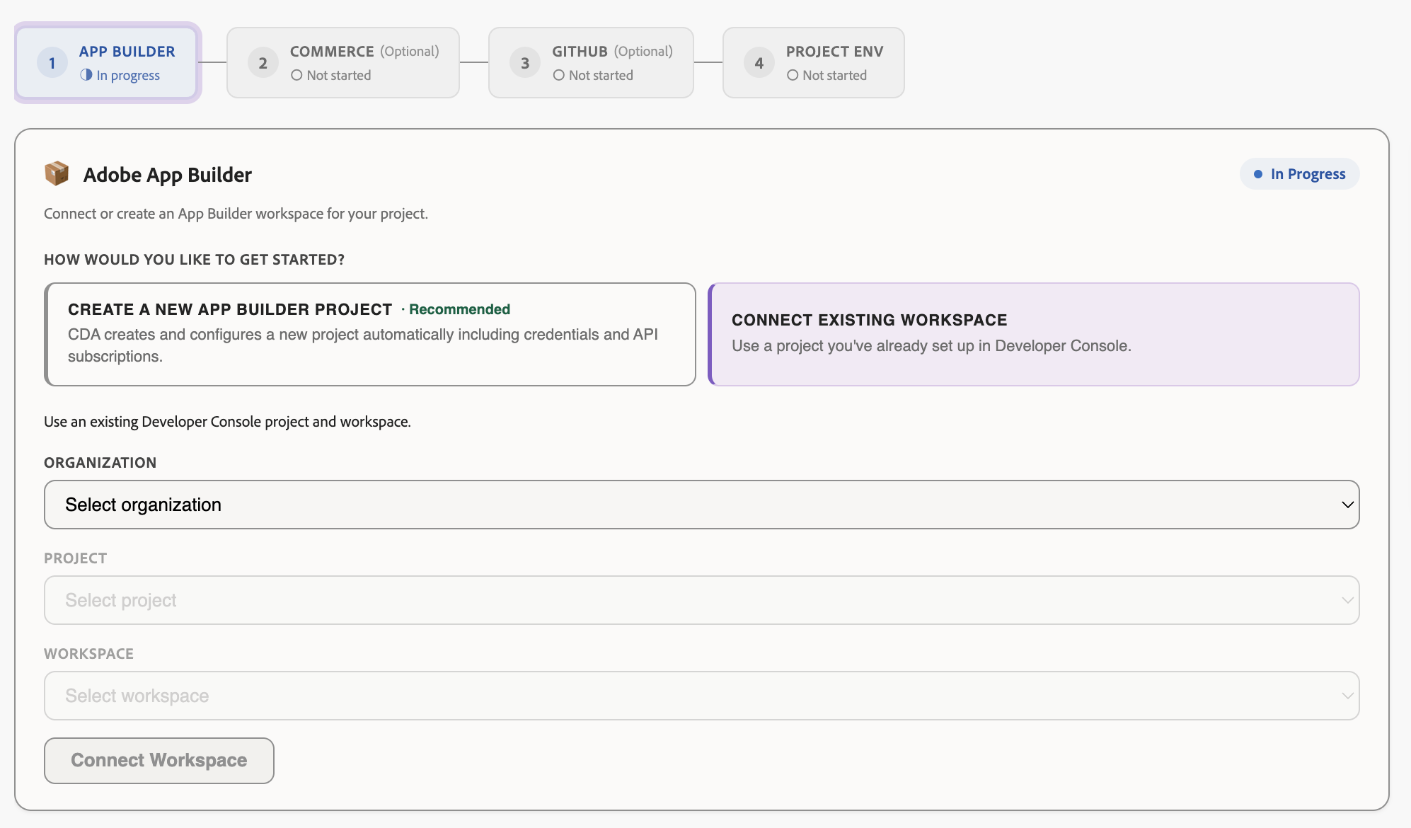 Create a new App Builder project on the Integrations tab