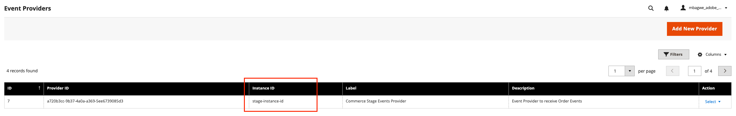 Adobe I/O Event Provider Instance ID Provider grid