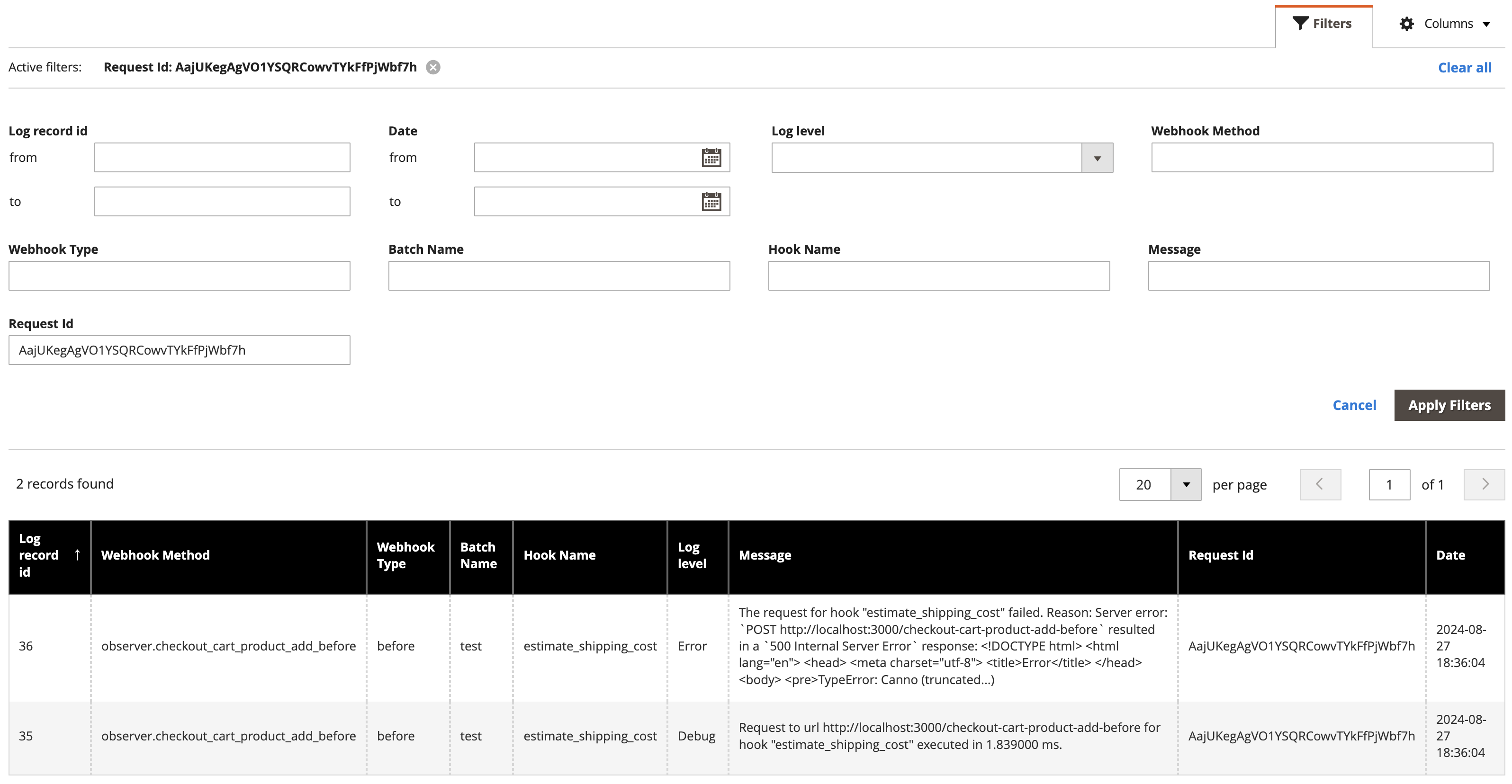 Webhooks database logging