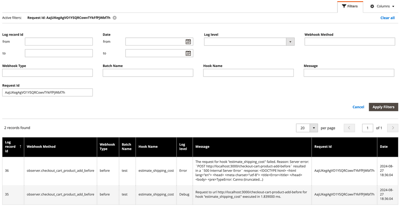 Webhooks database logging