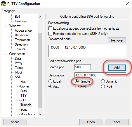 Create an SSH tunnel in Putty