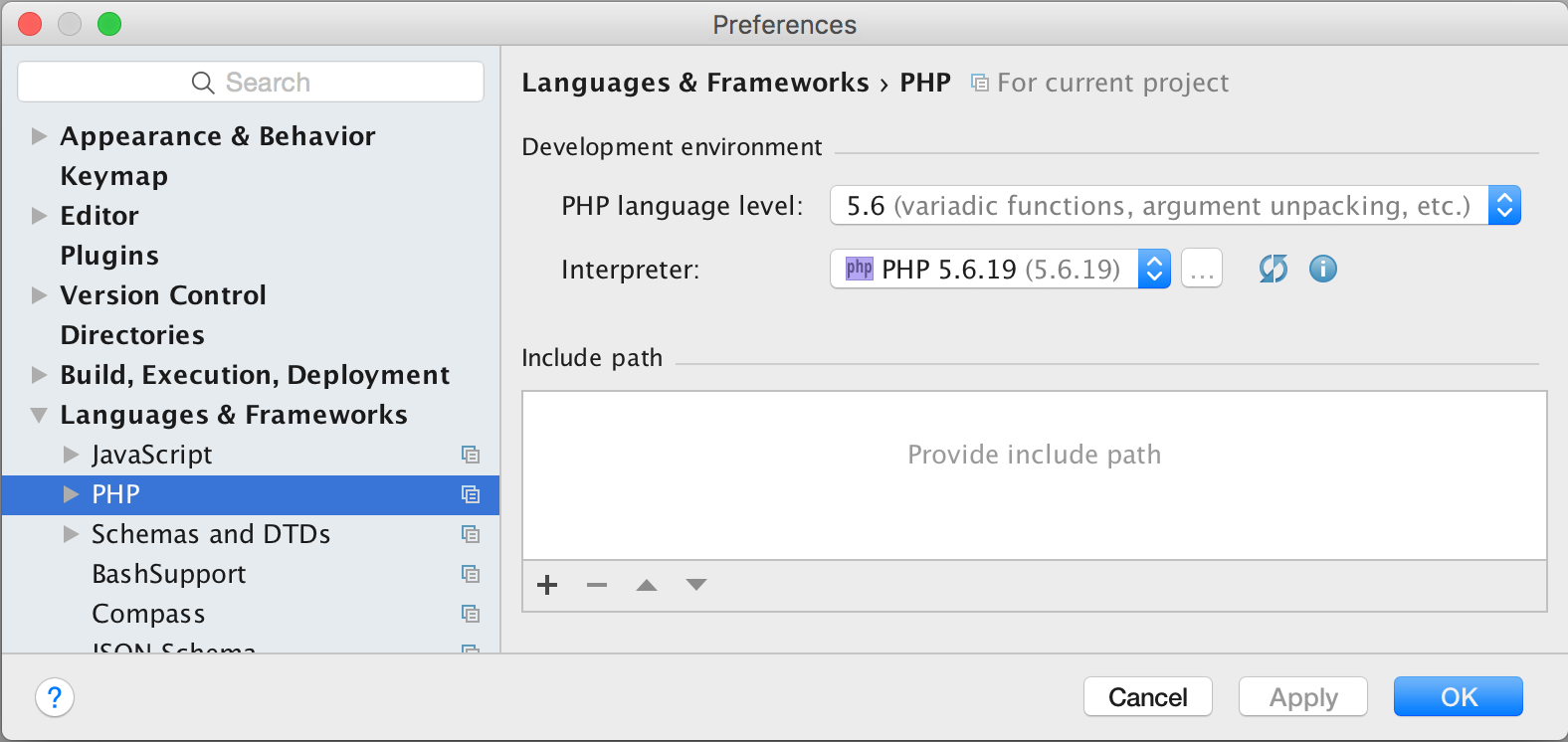 PHPStorm PHP preference panel