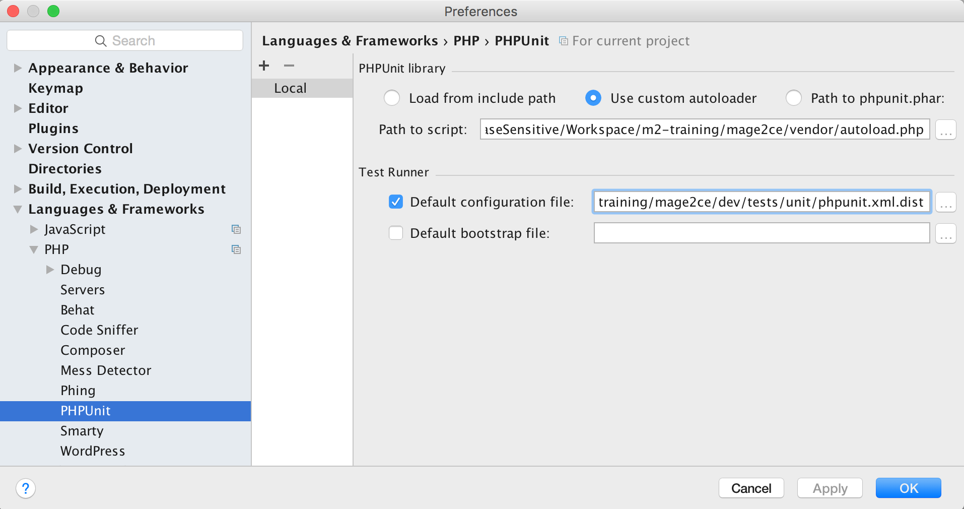 PHPStorm PHPUnit preference panel