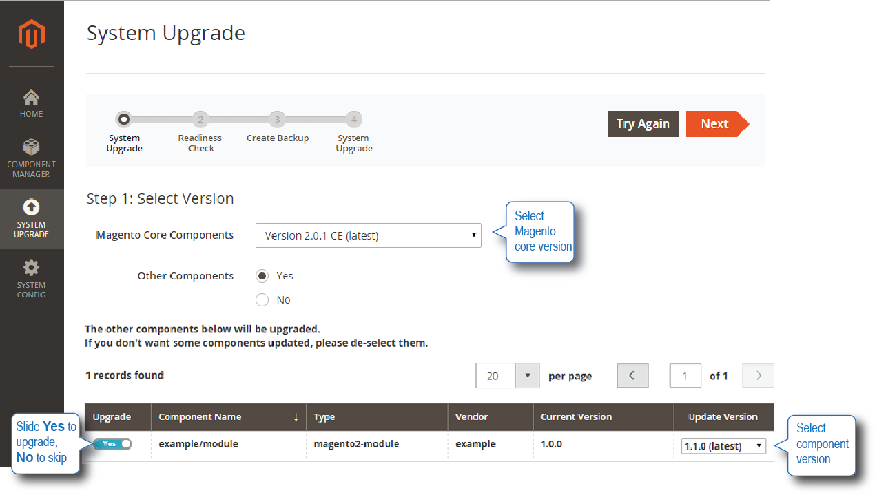 System Upgrade automatically checks for core module updates and third-party modules if you wish