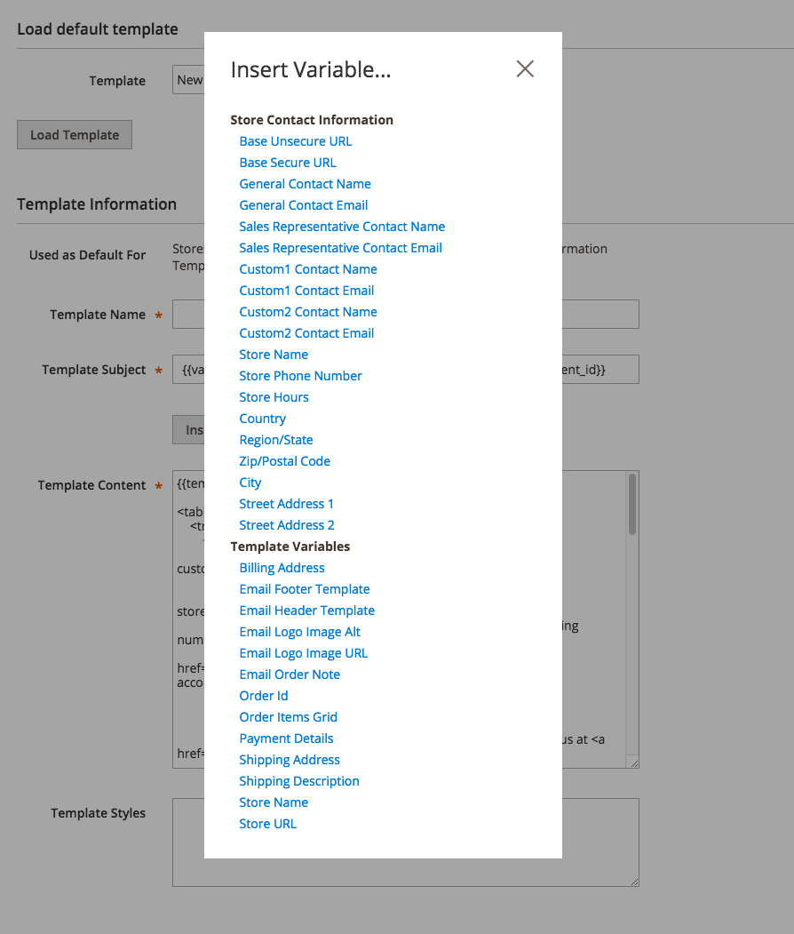 The list of available variables