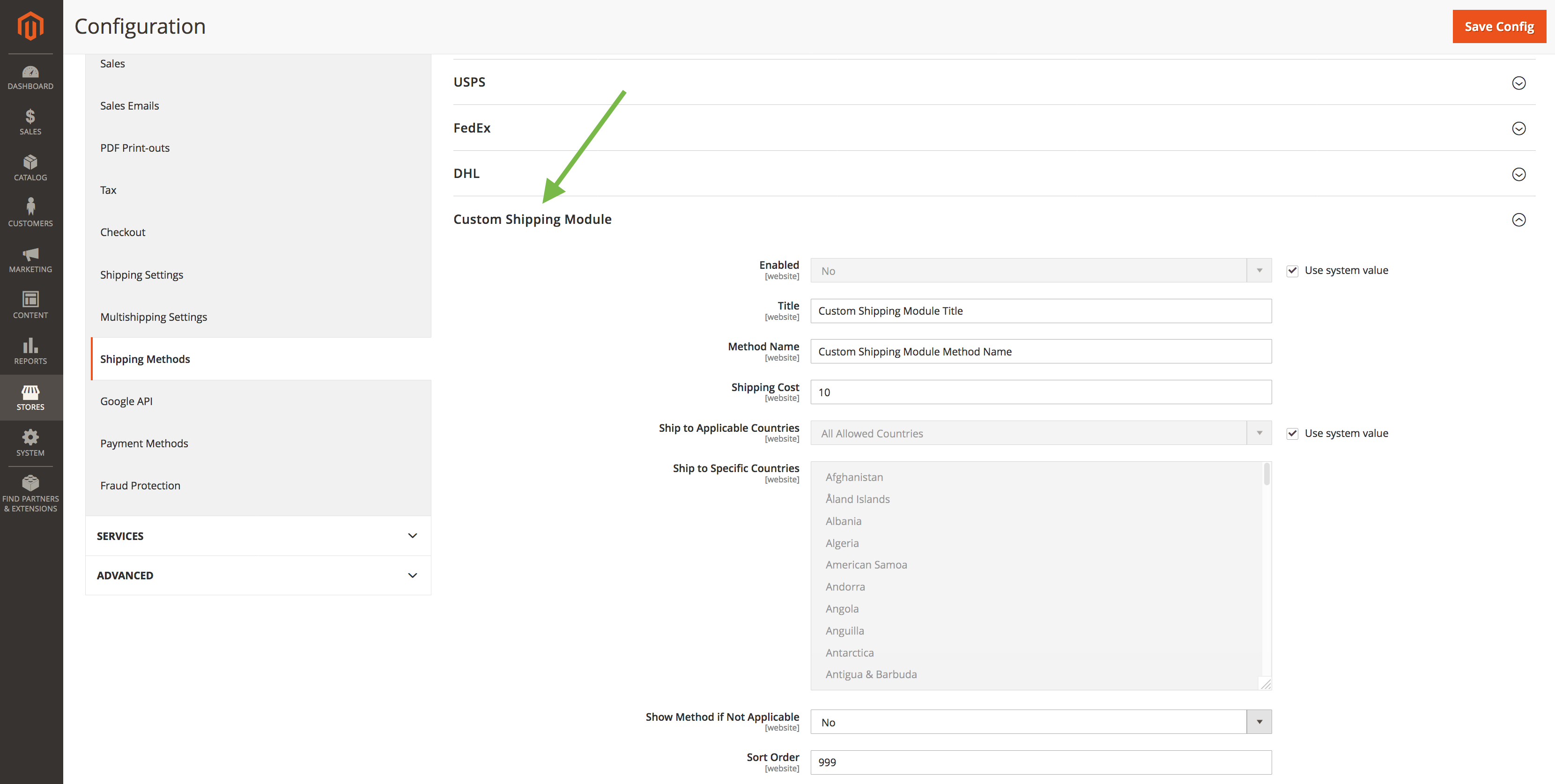 Custom shipping carrier backend settings