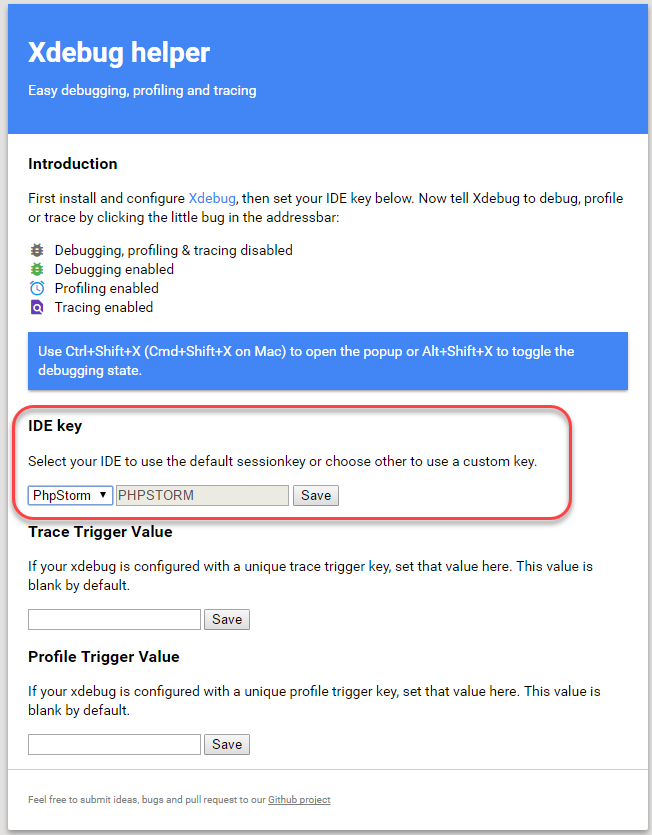Xdebug Helper options