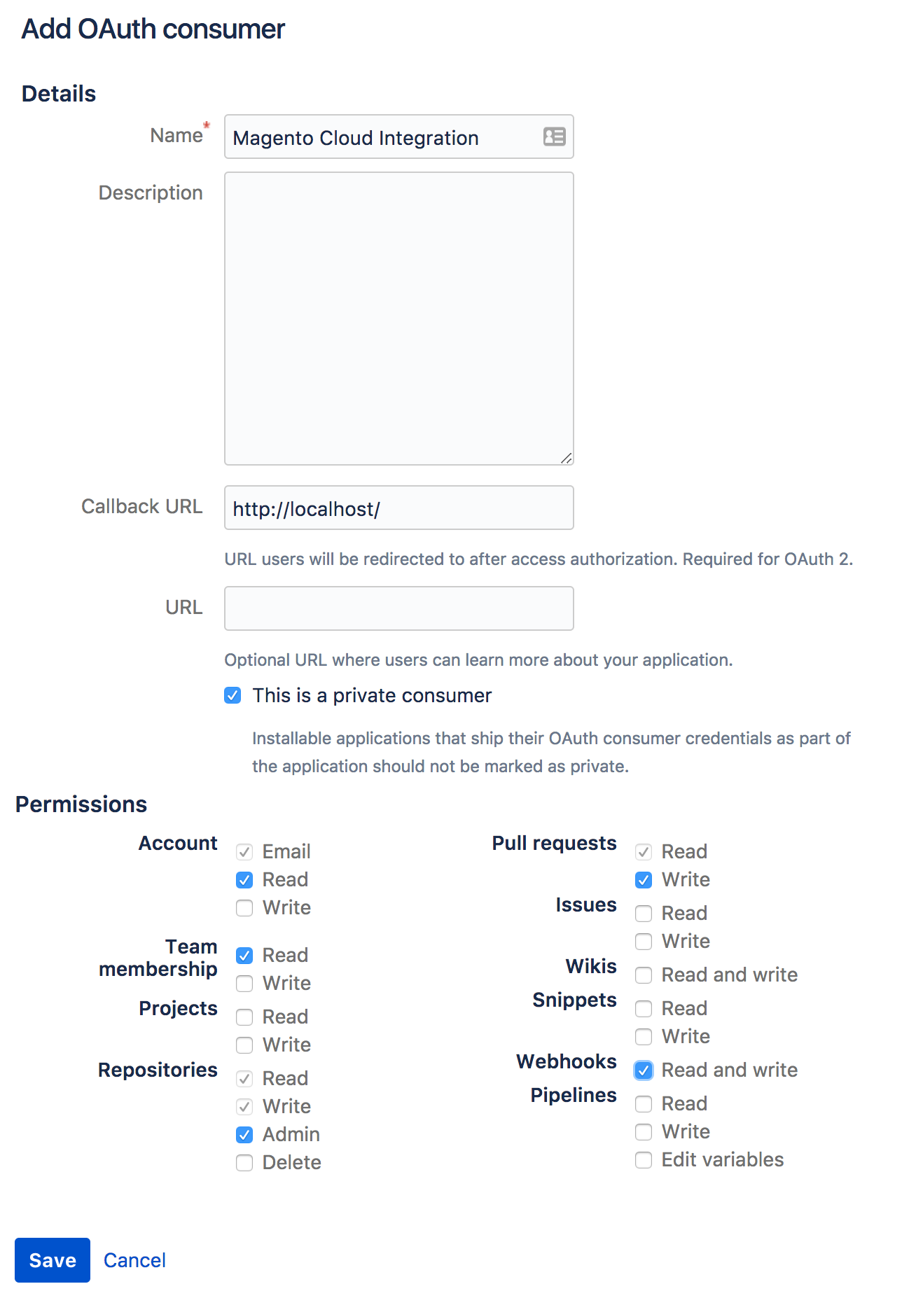 Bitbucket OAuth consumer configuration