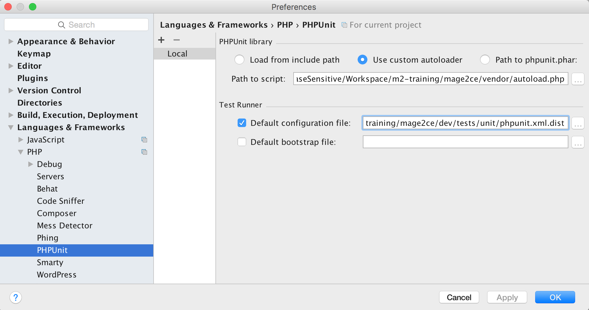 PhpStorm PHPUnit preference panel