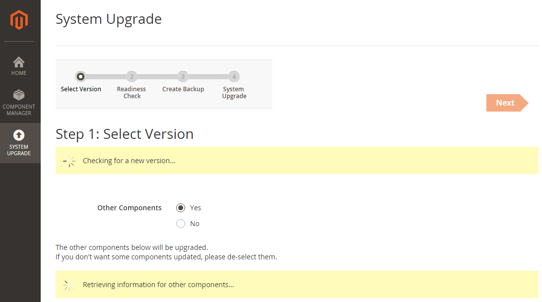 Magento begins searching for upgrades right away