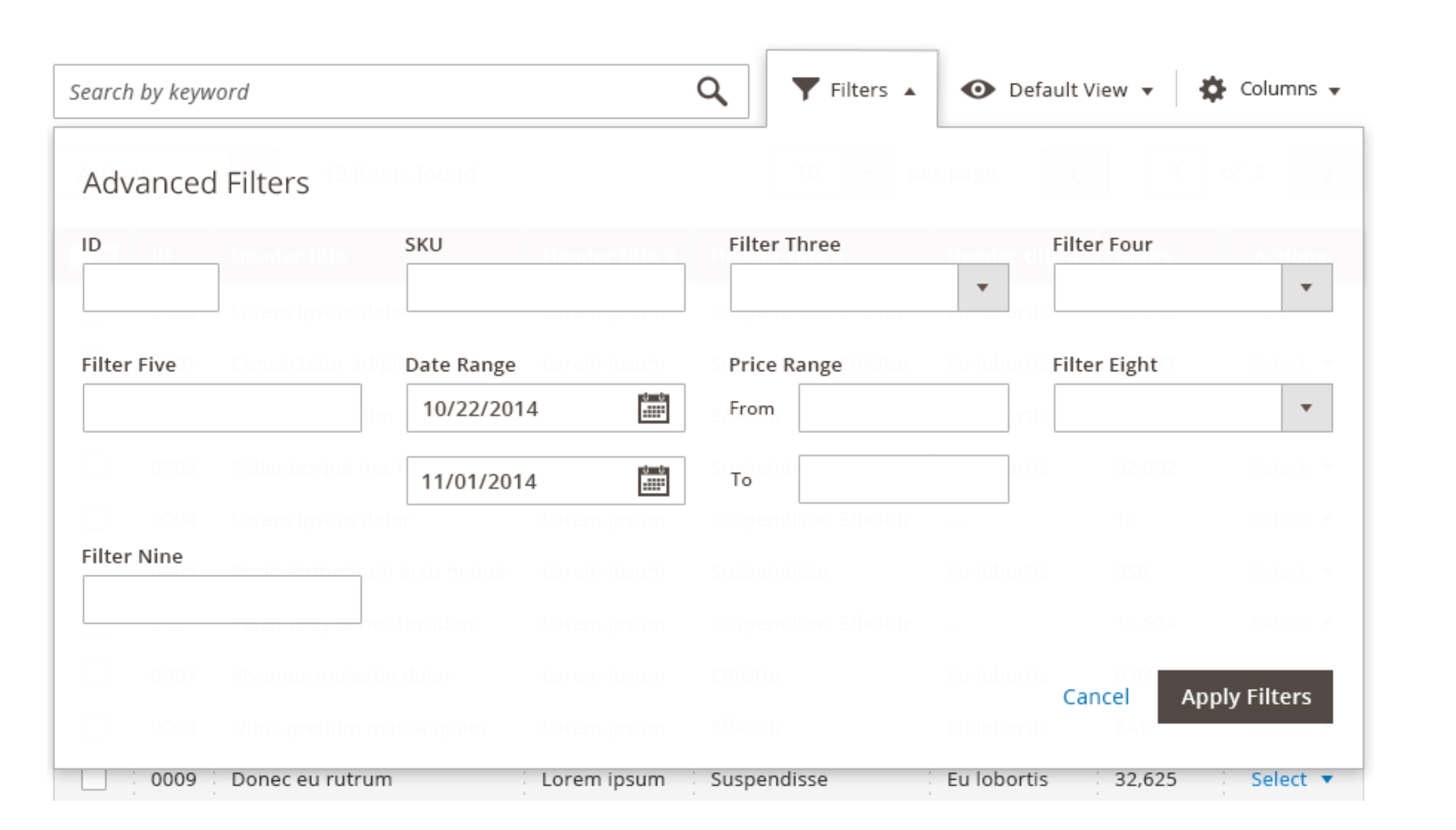 Data-table Filtering Flyout