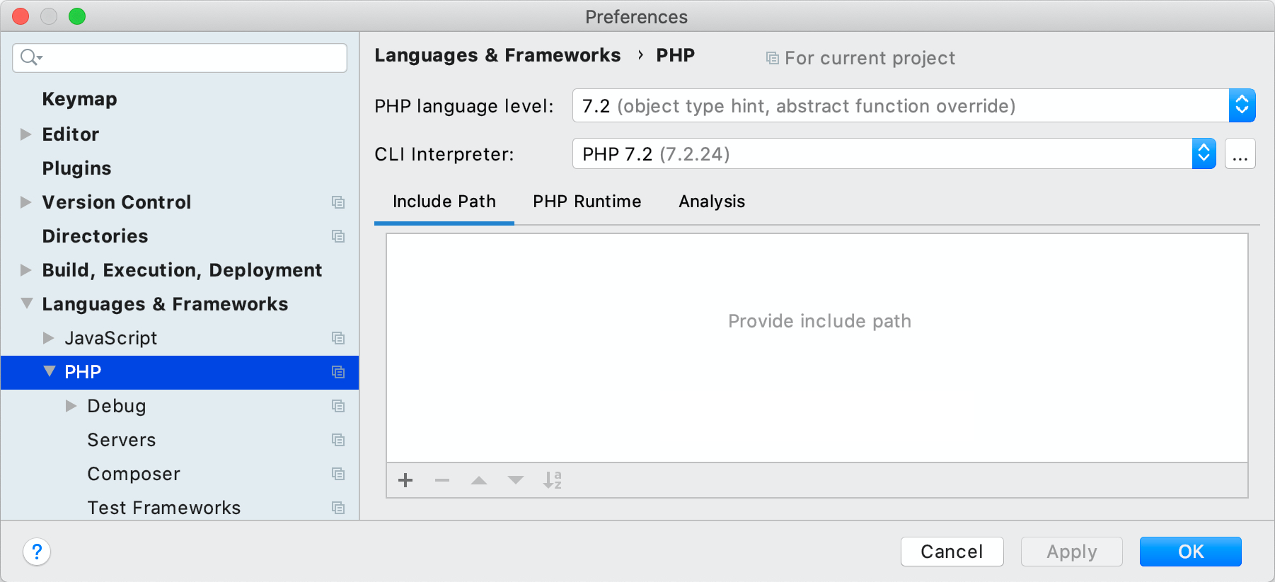 PhpStorm PHP preference panel