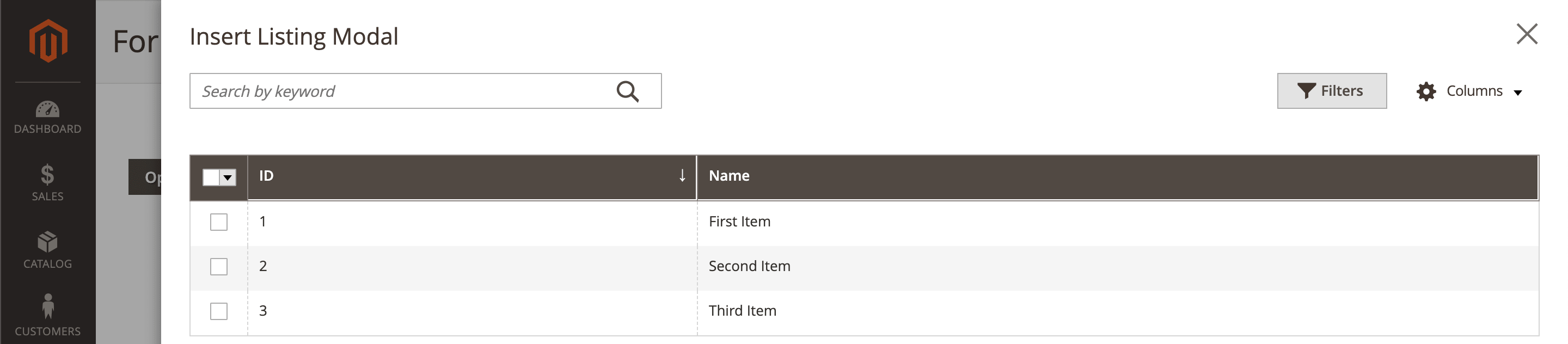 InsertListing Component in the Modal Component example