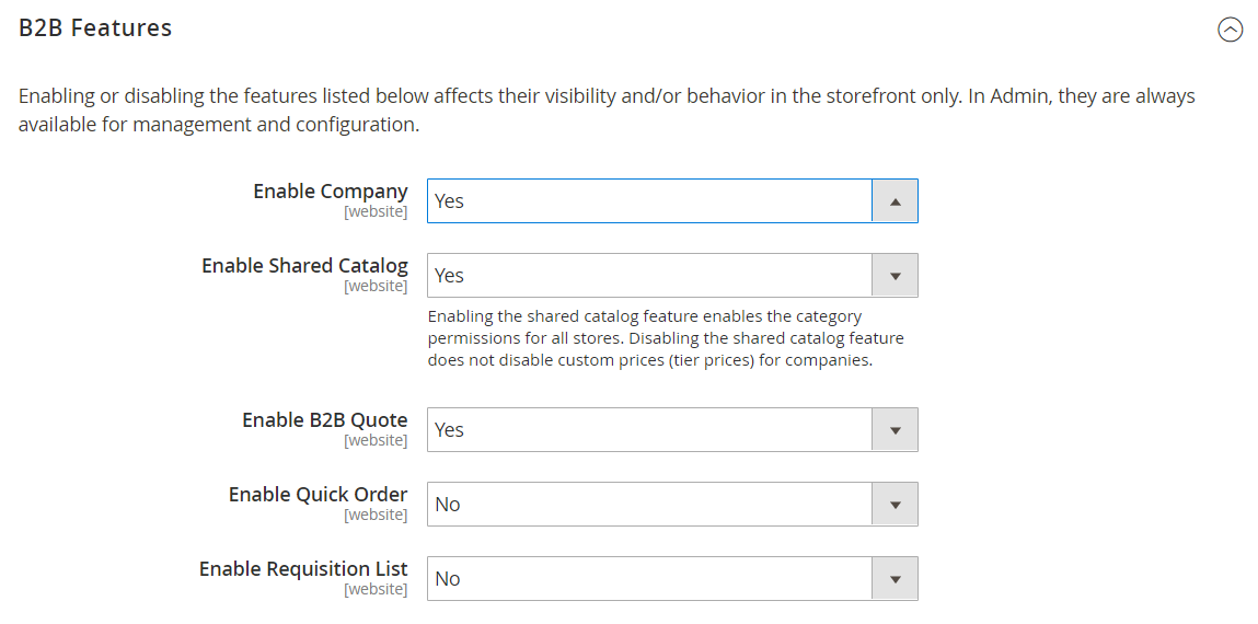 B2B configuration - enable company settings