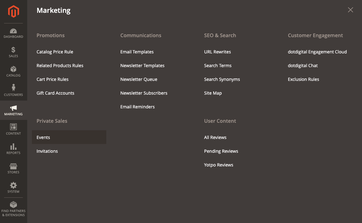 Magento Admin - Marketing menu