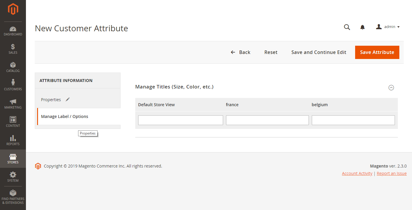 Customer attributes - labels/options