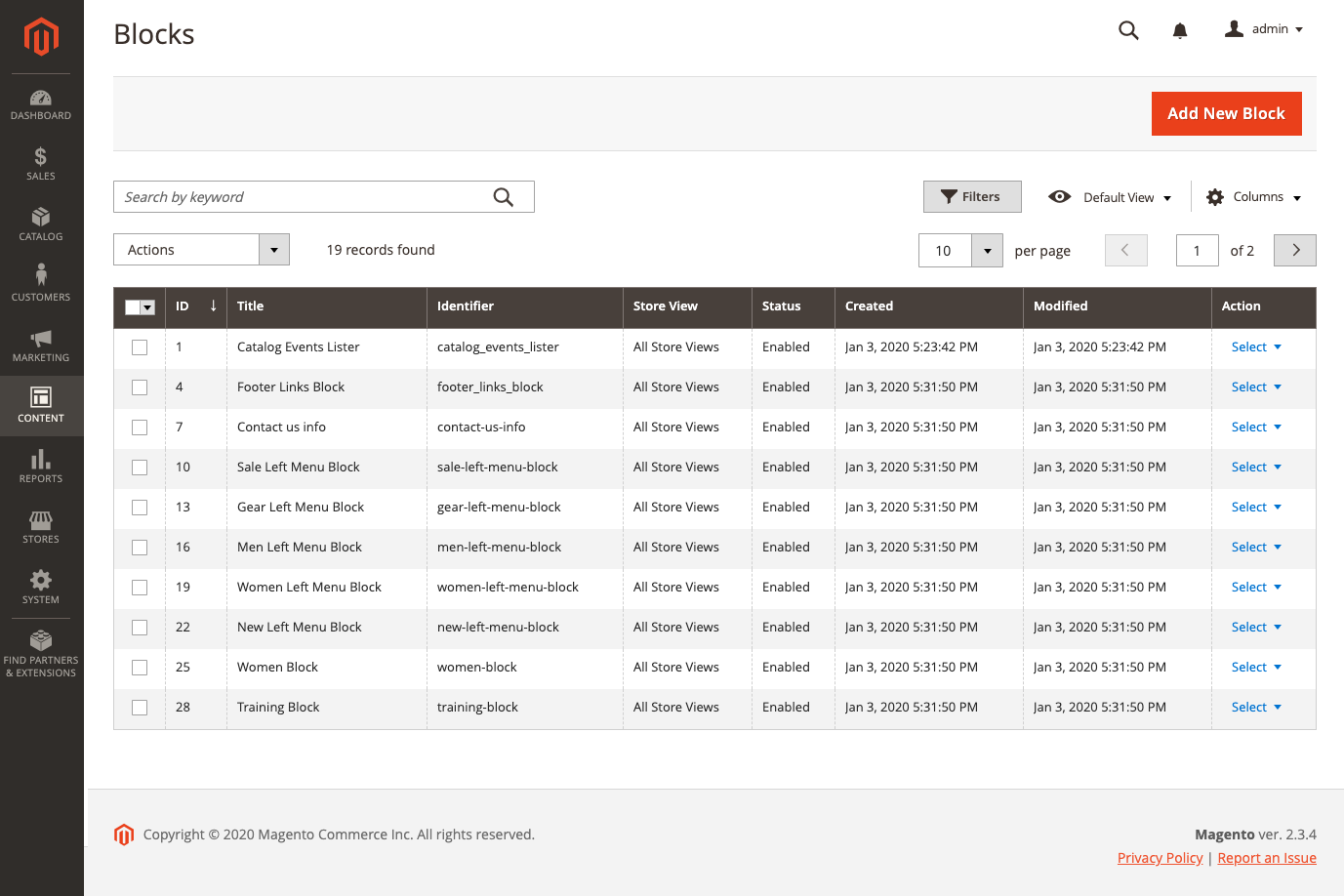 The Blocks page displays a grid of existing blocks