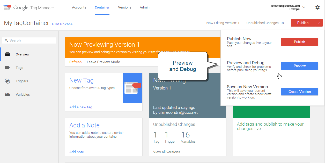 Google Tag Manager - preview and debug