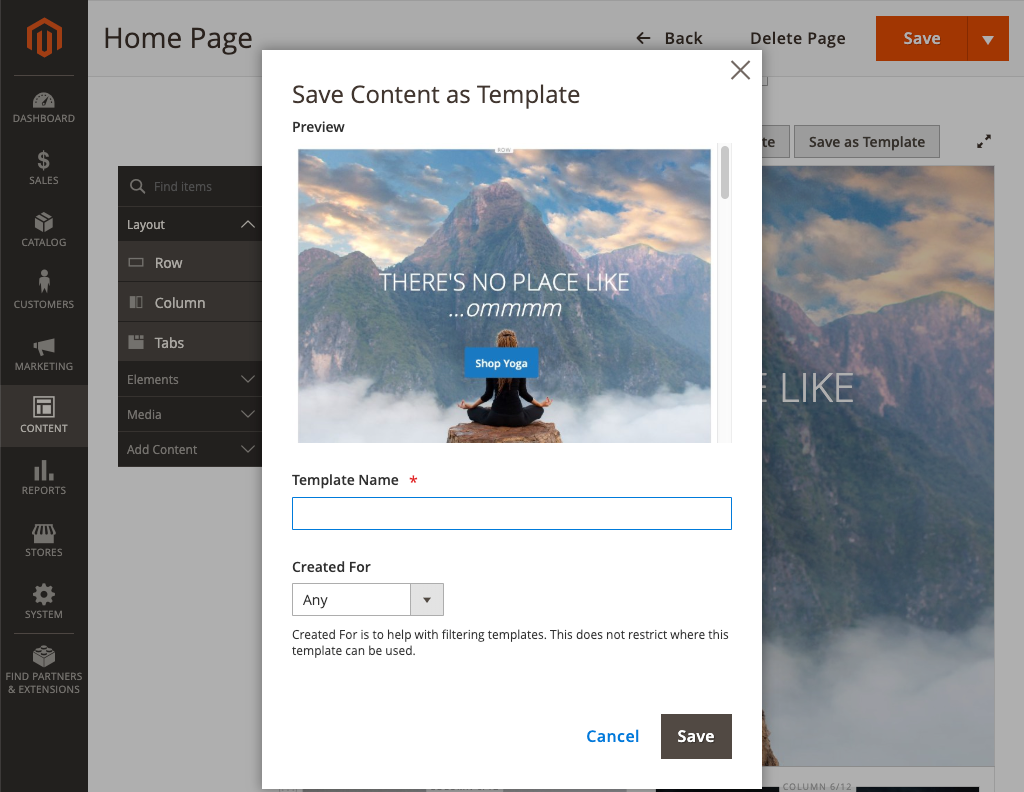 Page Builder Save as Template dialog