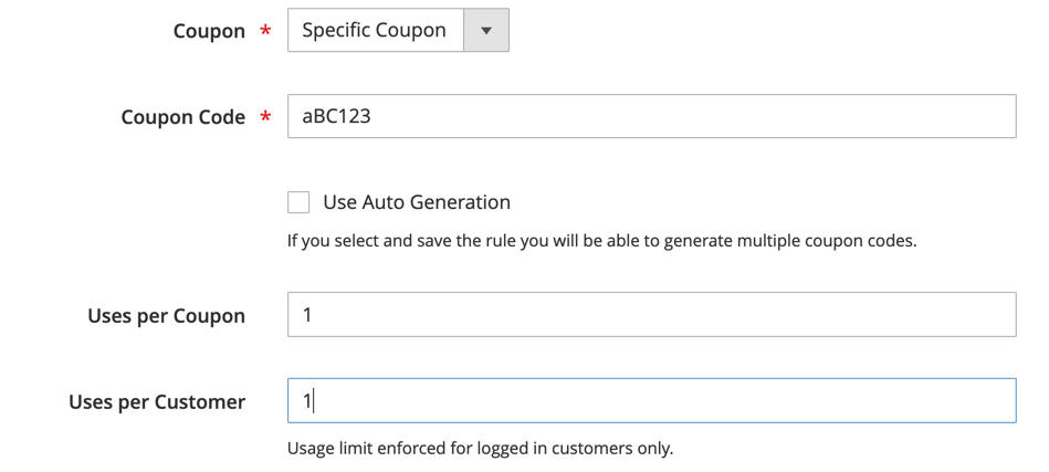 Cart price rule  - coupon settings