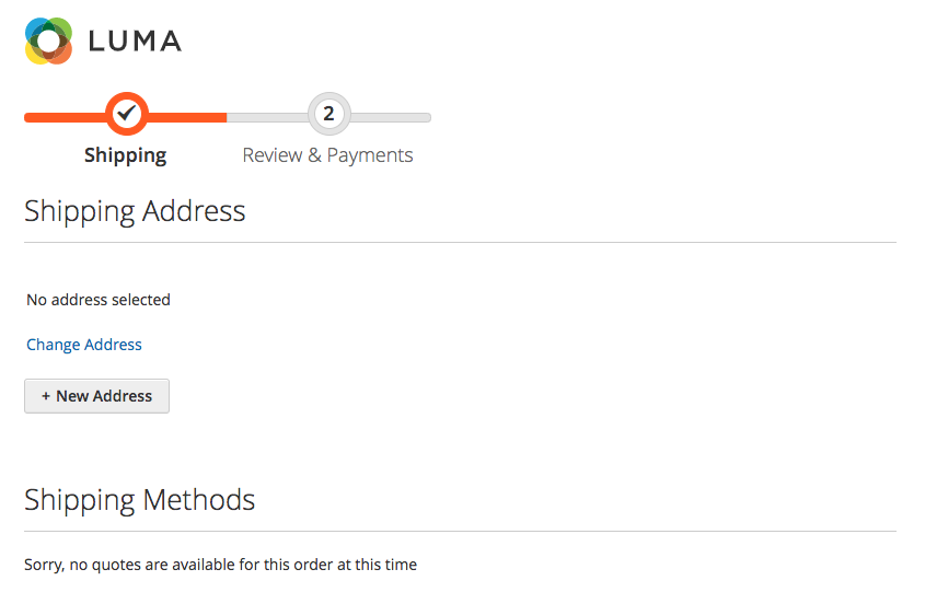 Luma storefront checkout with No address selected message