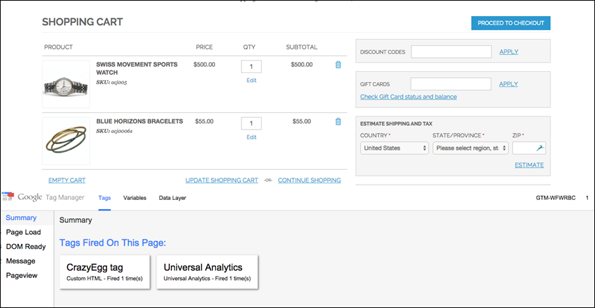 Example storefront in debug mode - Google tags fired in shopping cart