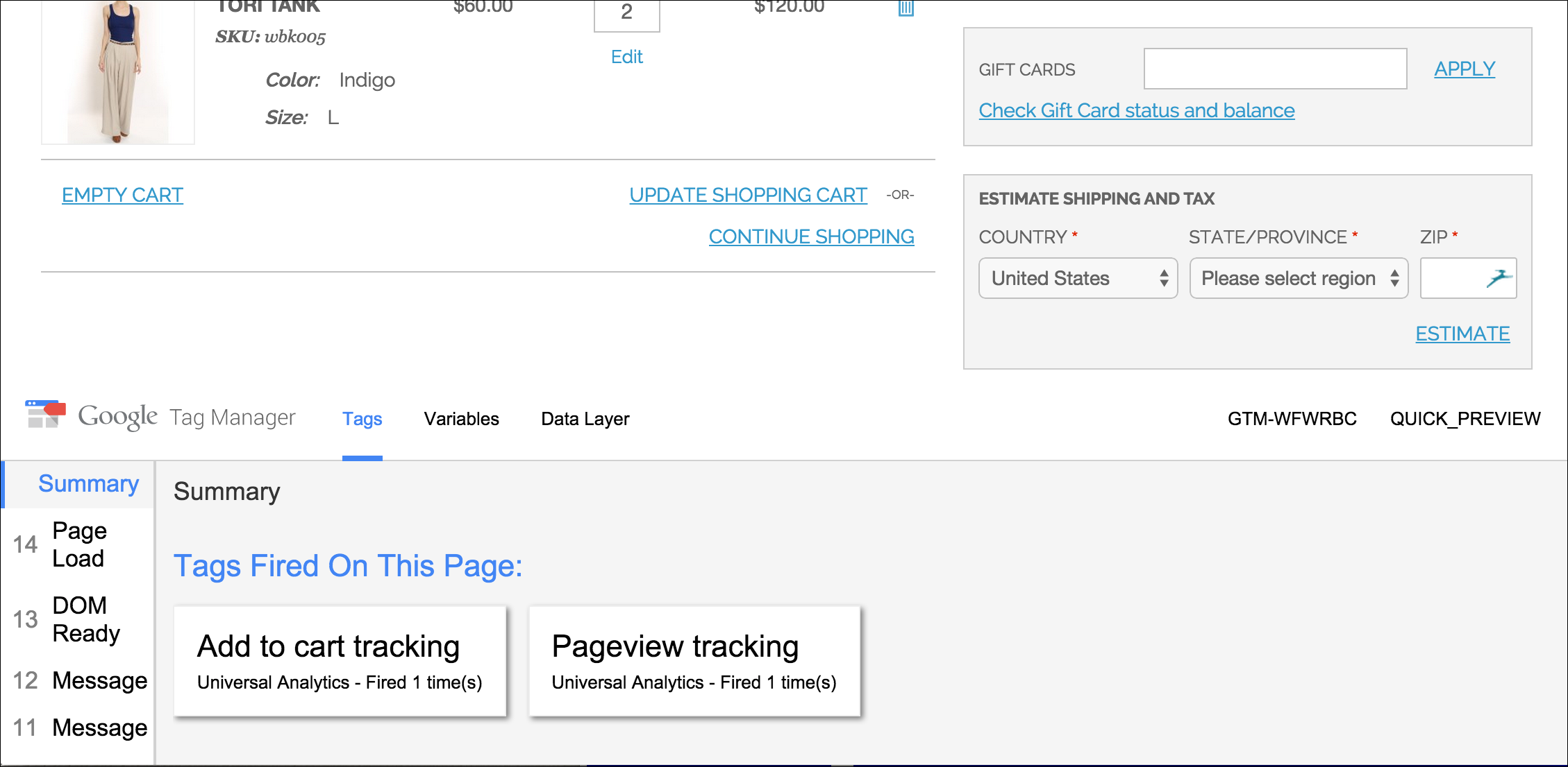 Example storefront in debug mode - tags fired on page