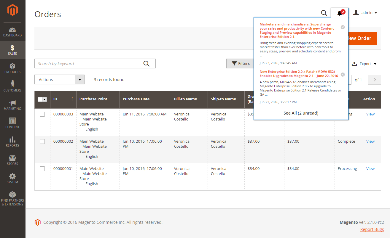 Magento Admin - incoming messages