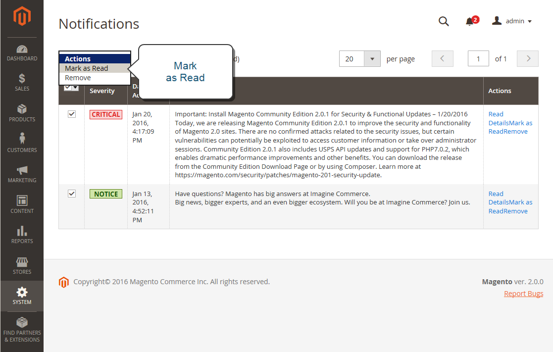 Magento Admin - notifications 