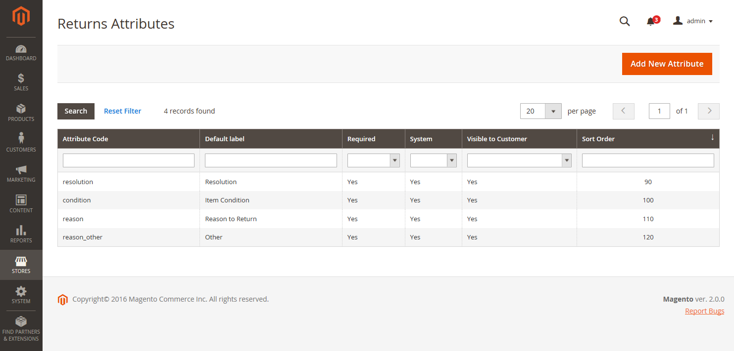 Magento Admin - Returns attributes