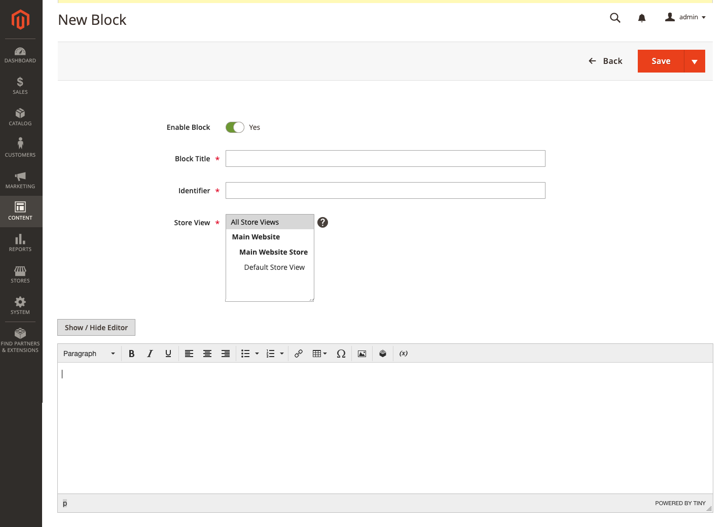 The New Block page displays options and a content space