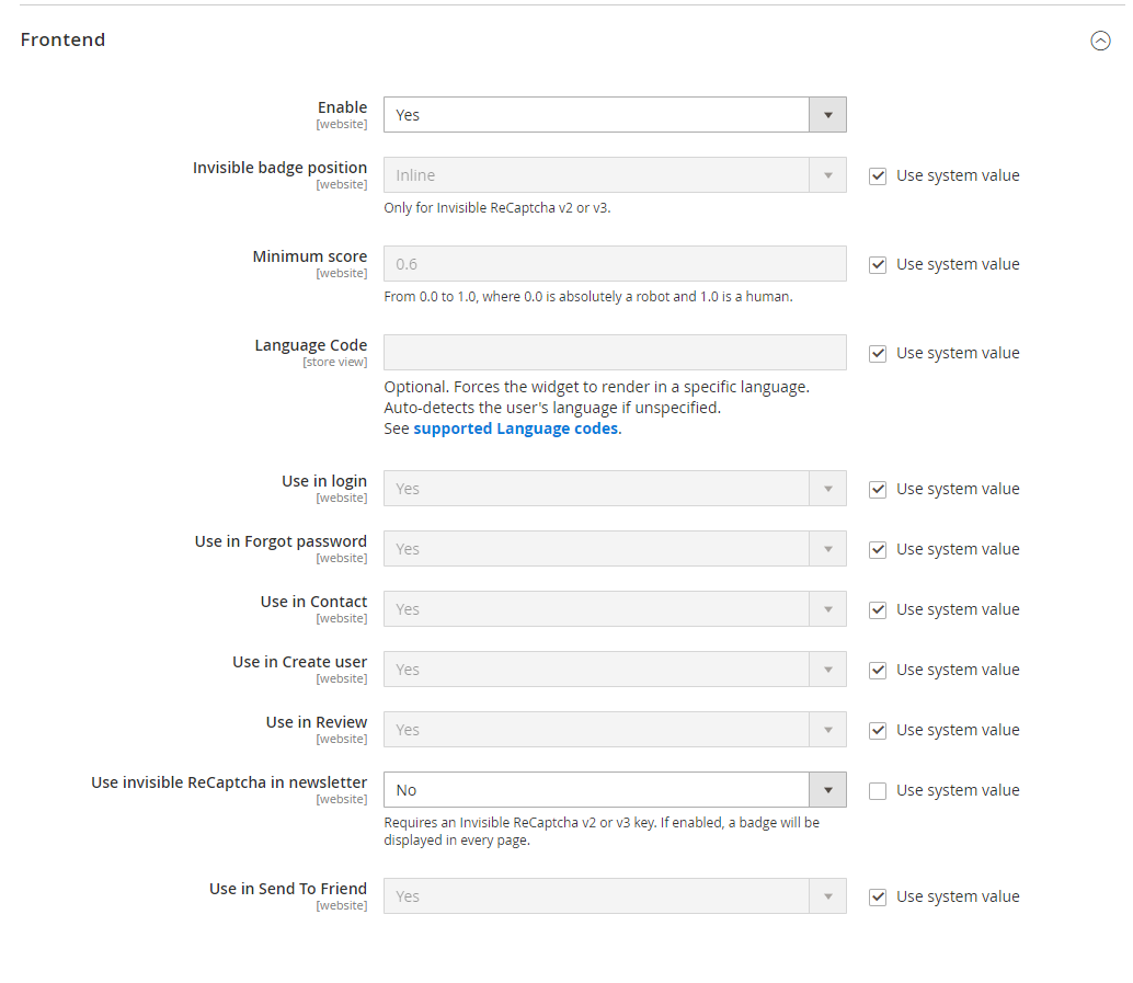 Google reCAPTCHA - frontend configuration