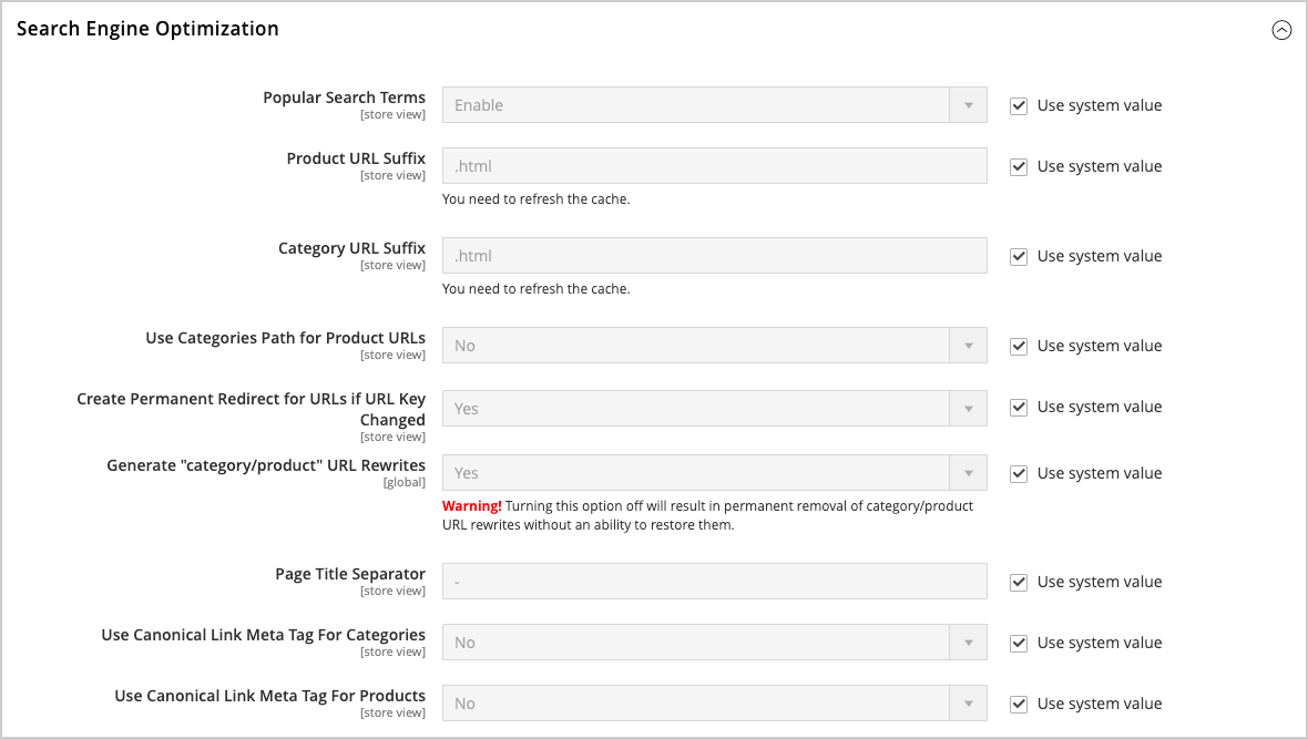 Catalog configuration - search engine optimization