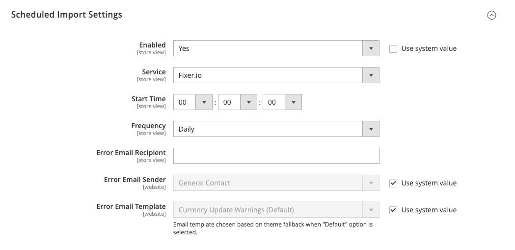 General configuration - currency scheduled import settings