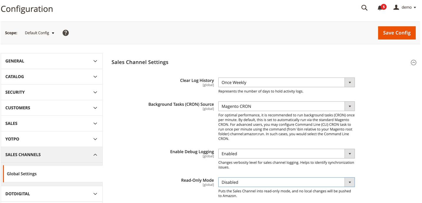 Sales configuration settings