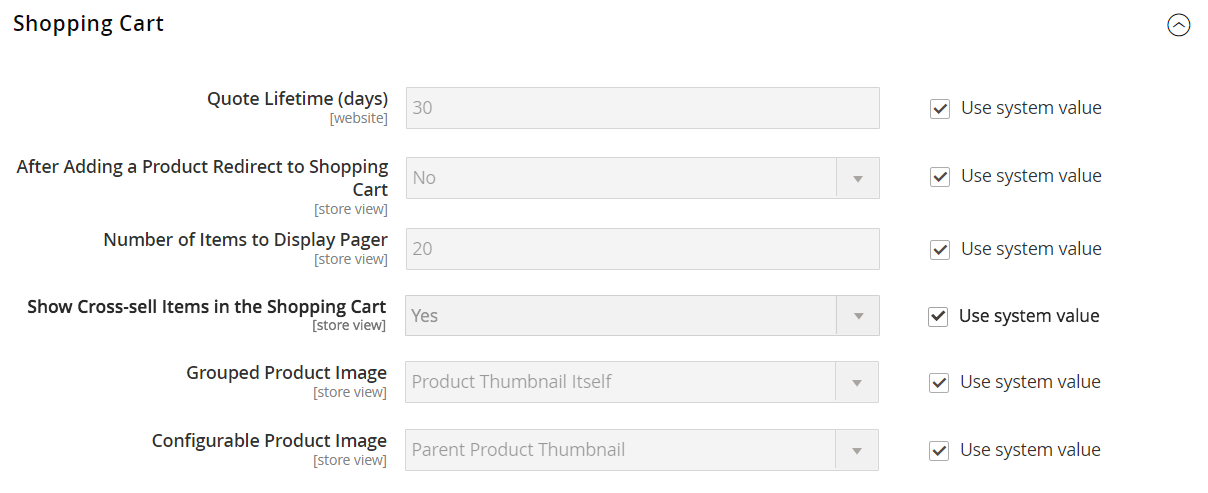 The shopping cart configuration settings expanded on the page