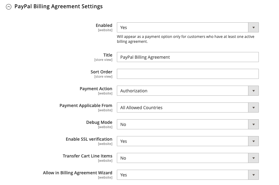 Billing Agreement Settings