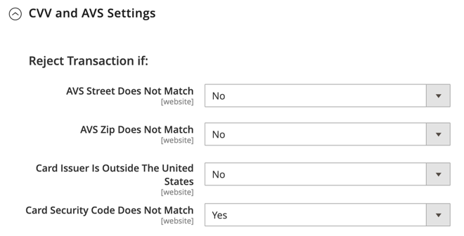 CVV and AVS Settings