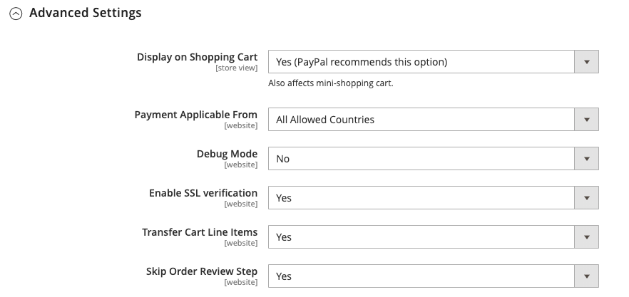 PayPall Express Checkout Advanced Settings