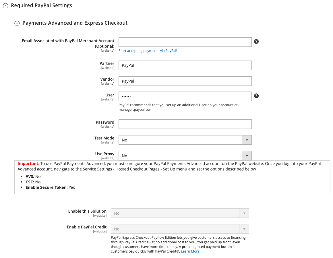 Payments Advanced Required Settings