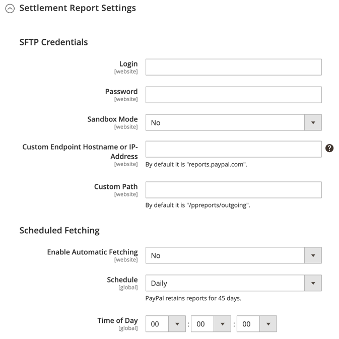 PayPal Settlement Report Settings