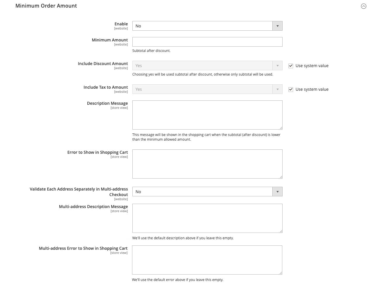The minimum order configuration options expanded on the page