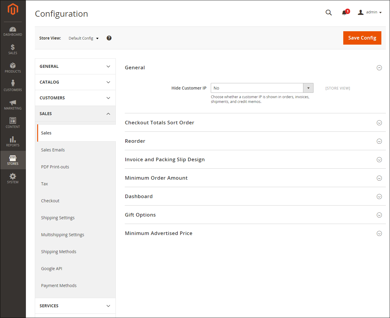 Sales configuration settings