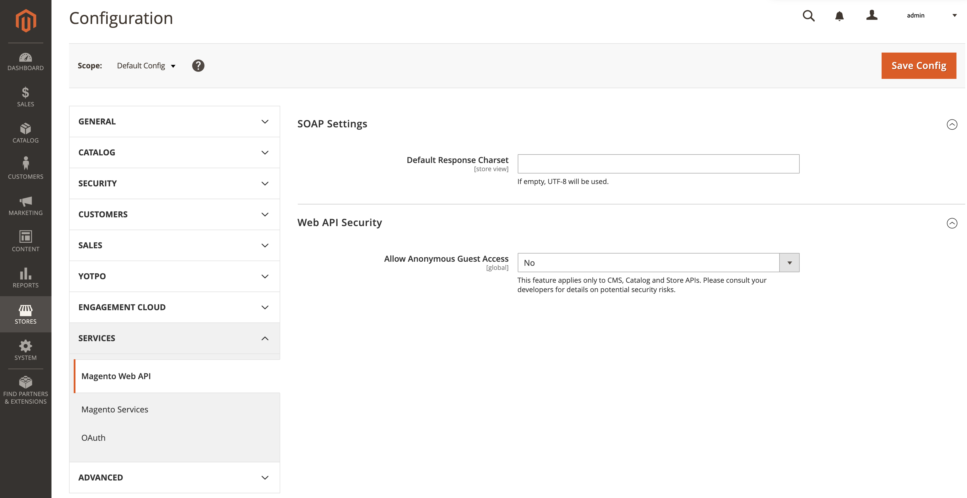 Services configuration settings