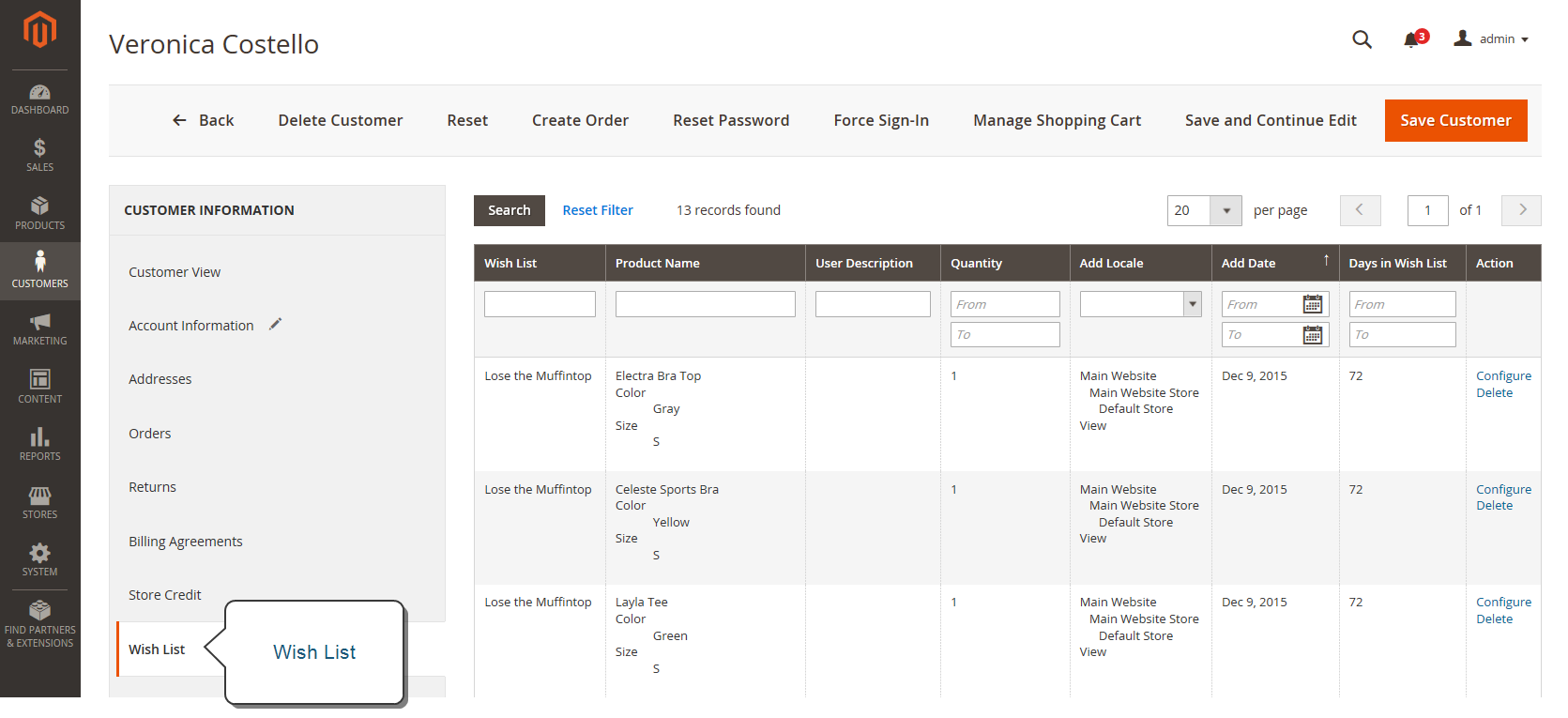 Magento Admin - customer wish list