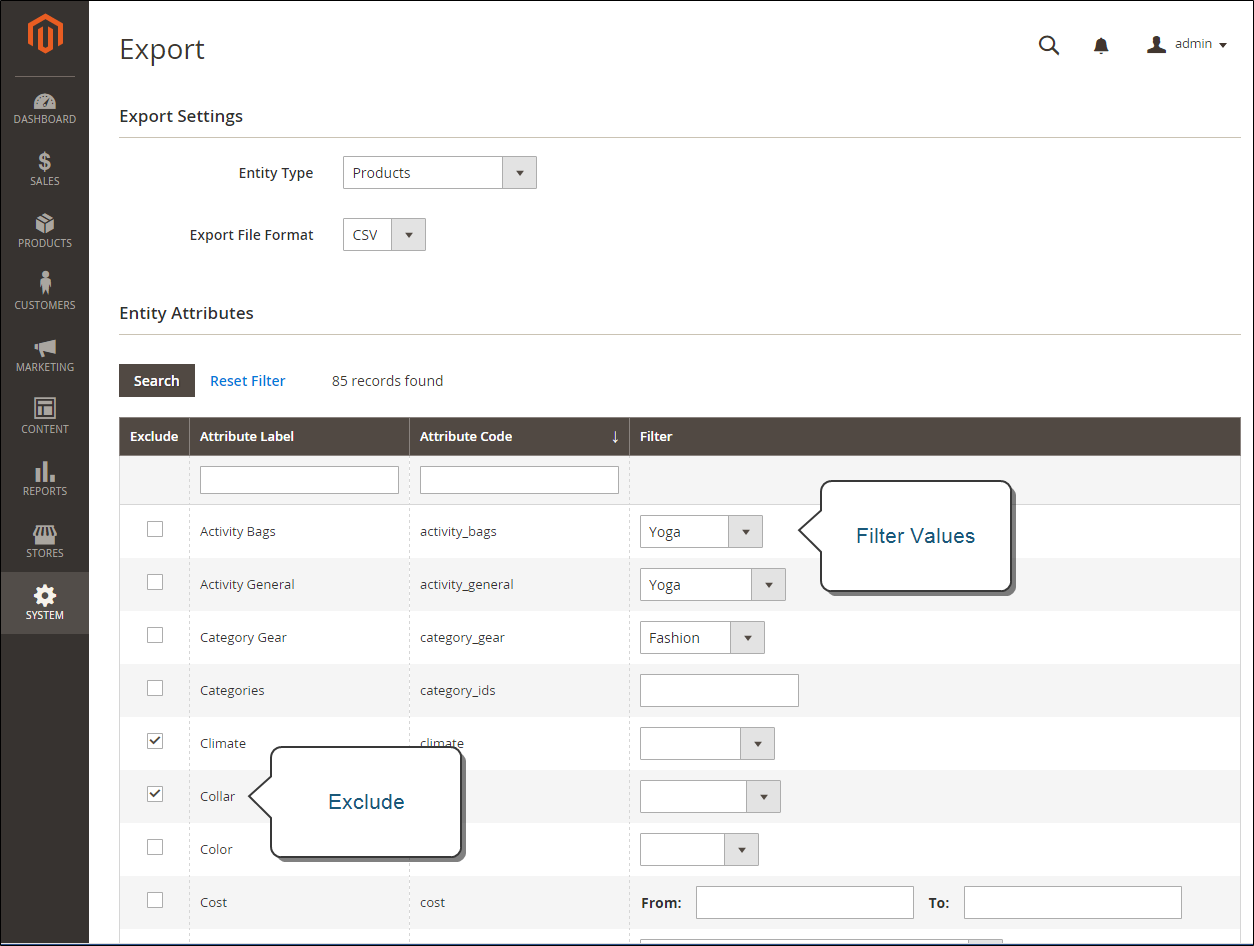 Data export criteria