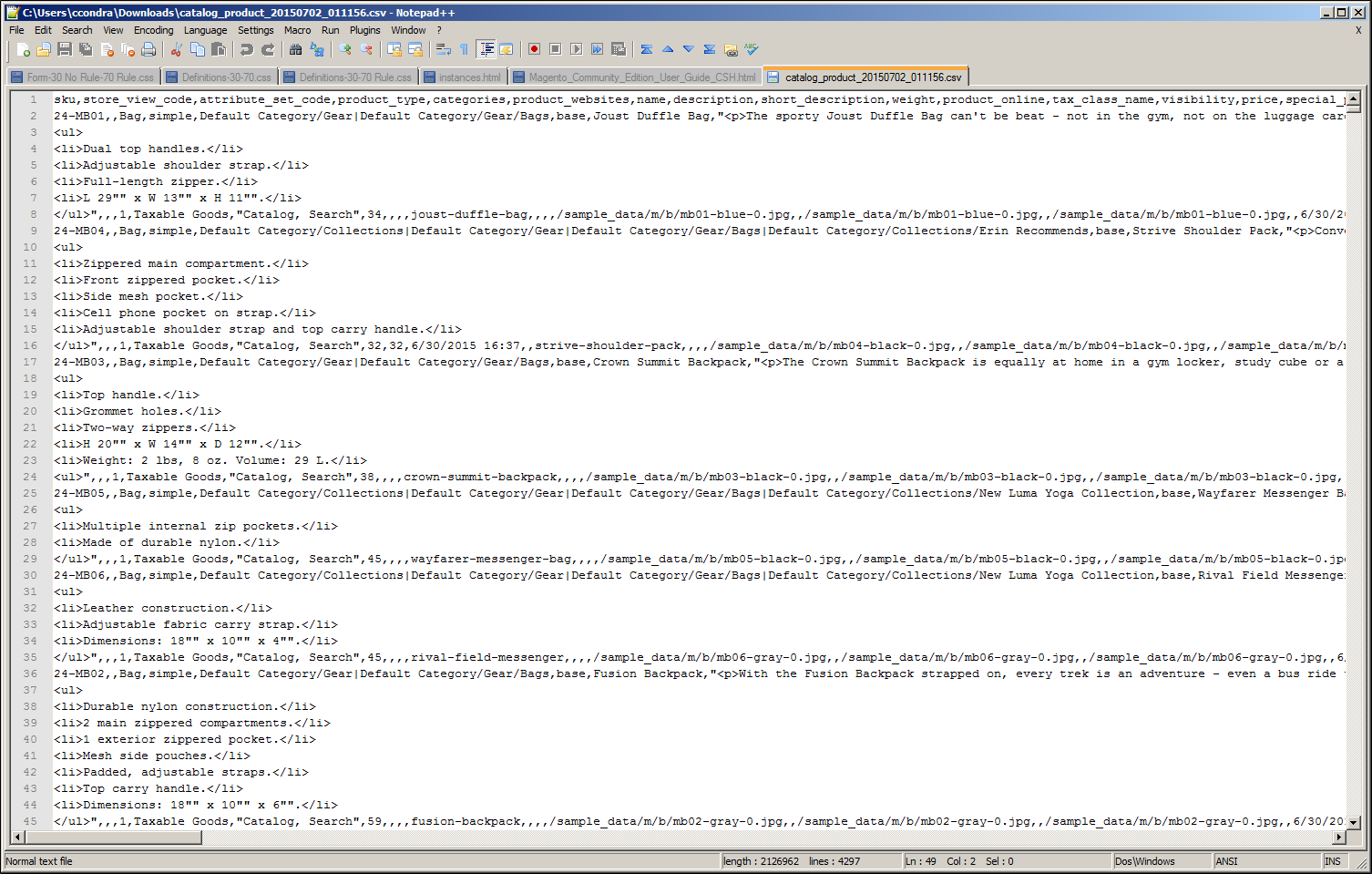 Notepad++ - product CSV data